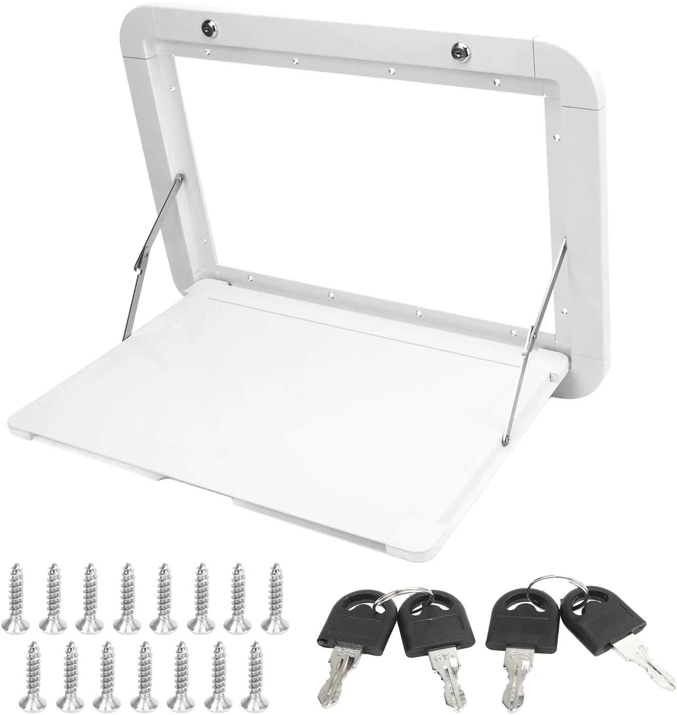 Plateau de table pliant pour camping-car fixé au mur et rabattu contre la paroi