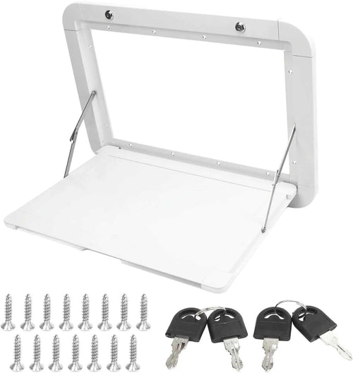 Plateau de table pliant pour camping-car fixé au mur et rabattu contre la paroi