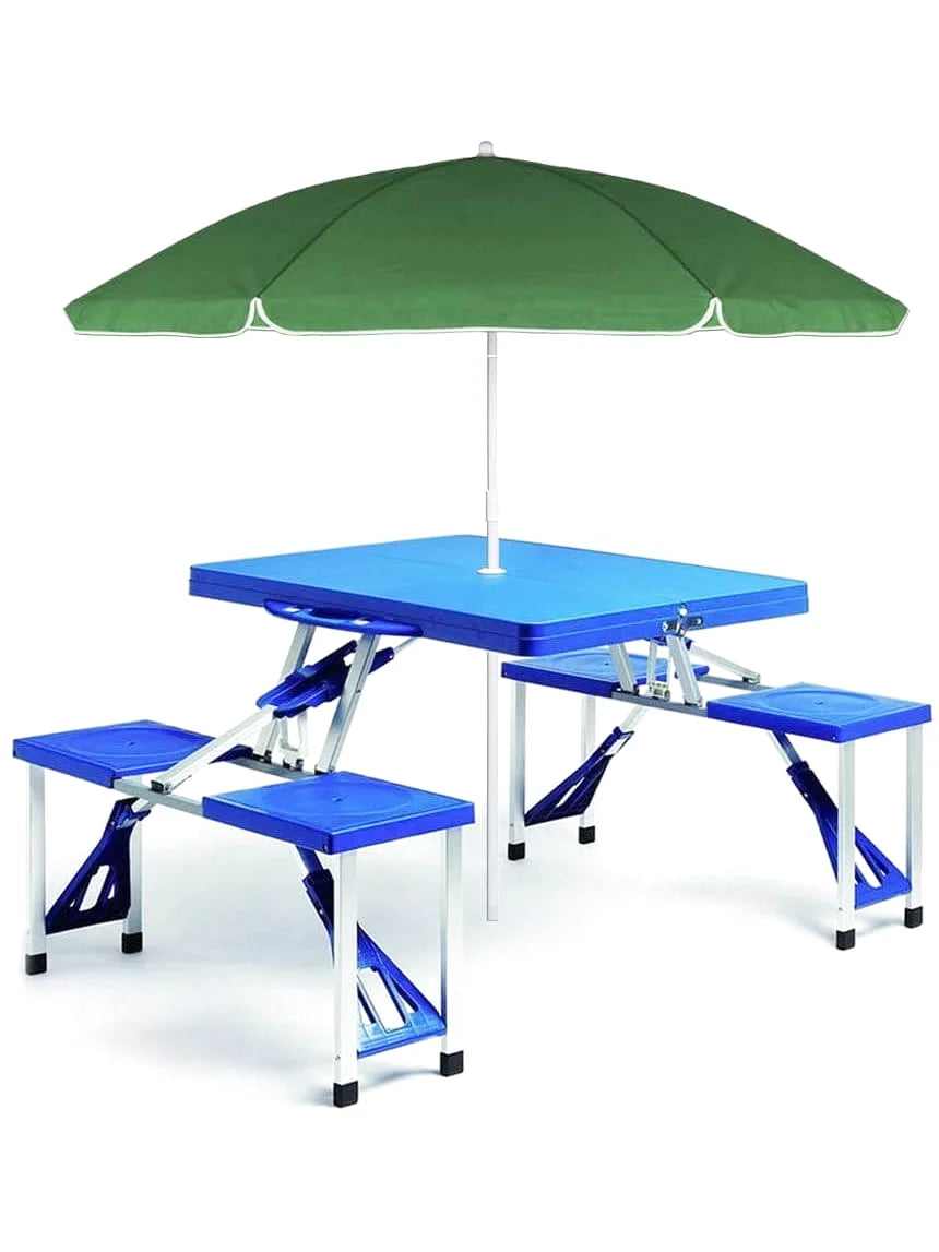 Table de camping pliante avec chaises intégrées dépliée sur une aire de pique-nique - photo 3