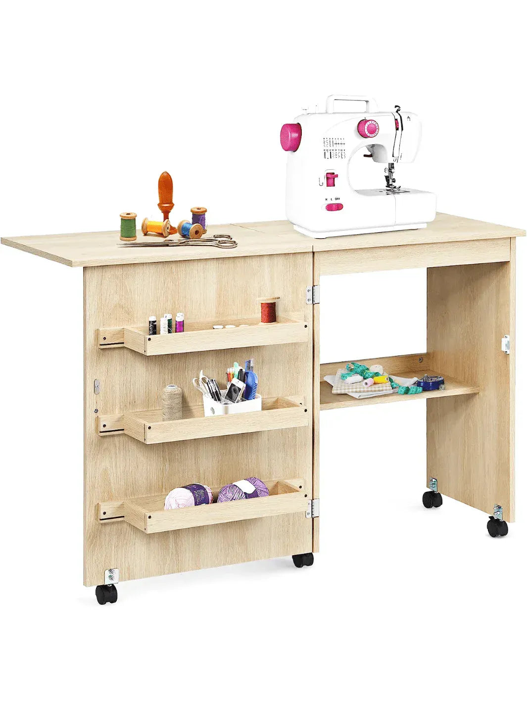 Table de couture pliante en bois avec plan de travail déployé