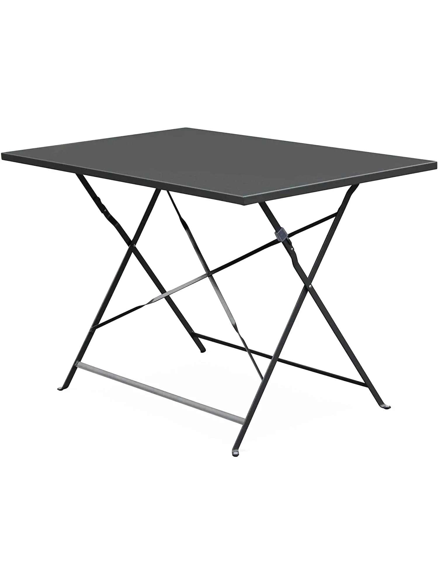 Table de jardin métal pliante en acier gris 110 x 70 cm dépliée sur une terrasse