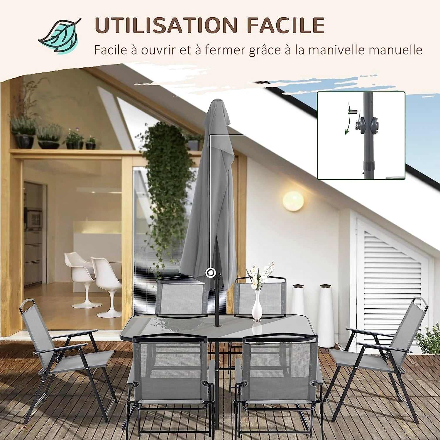 Ensemble table de jardin pliante 6 à 8 personnes avec chaises et parasol - photo 2