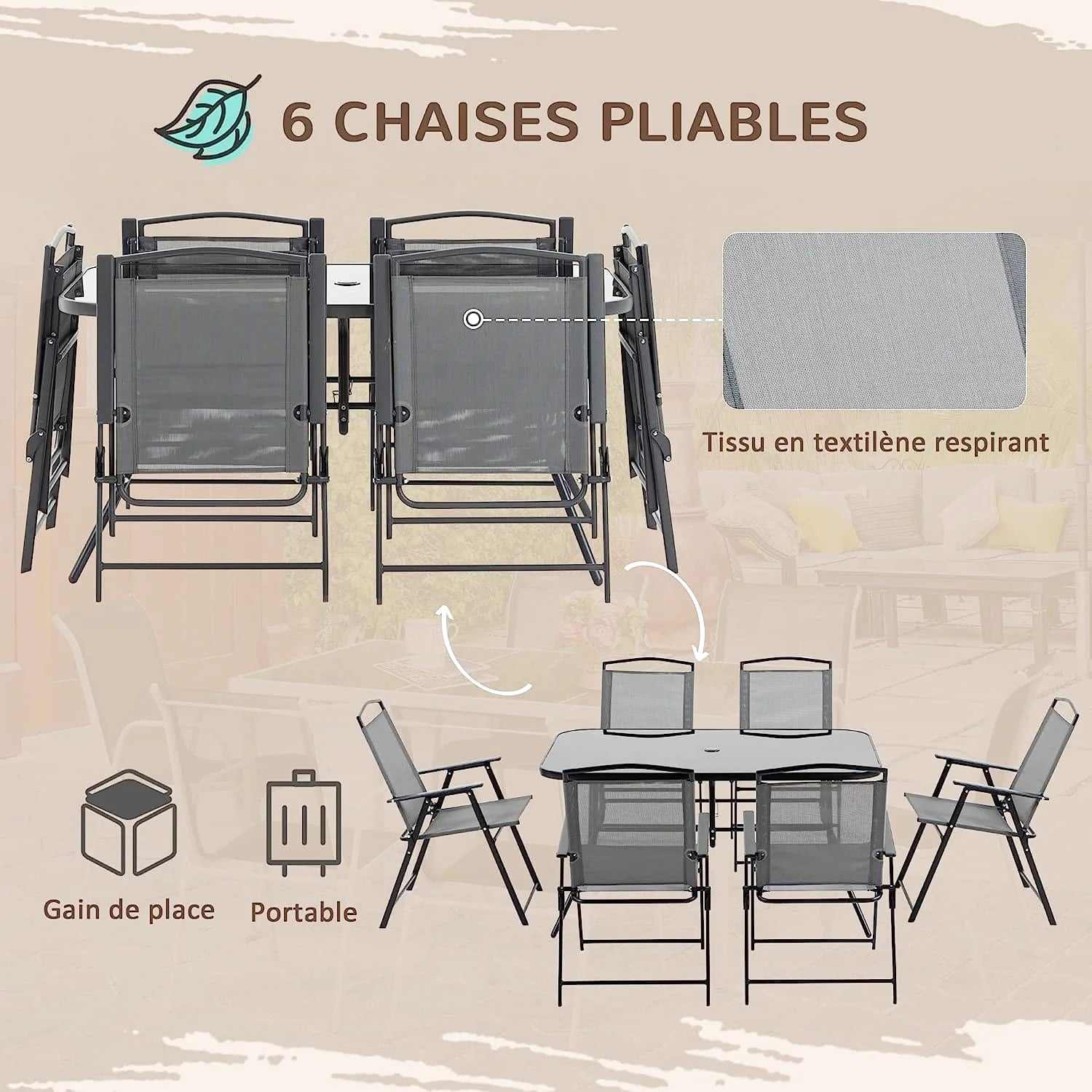Ensemble table de jardin pliante 6 à 8 personnes avec chaises et parasol - photo 4