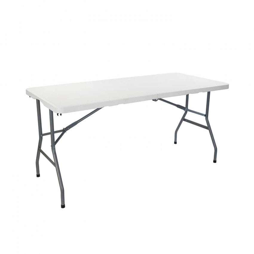 Table de jardin pliante en plastique blanche 180 x 70 cm dépliée dans un jardin