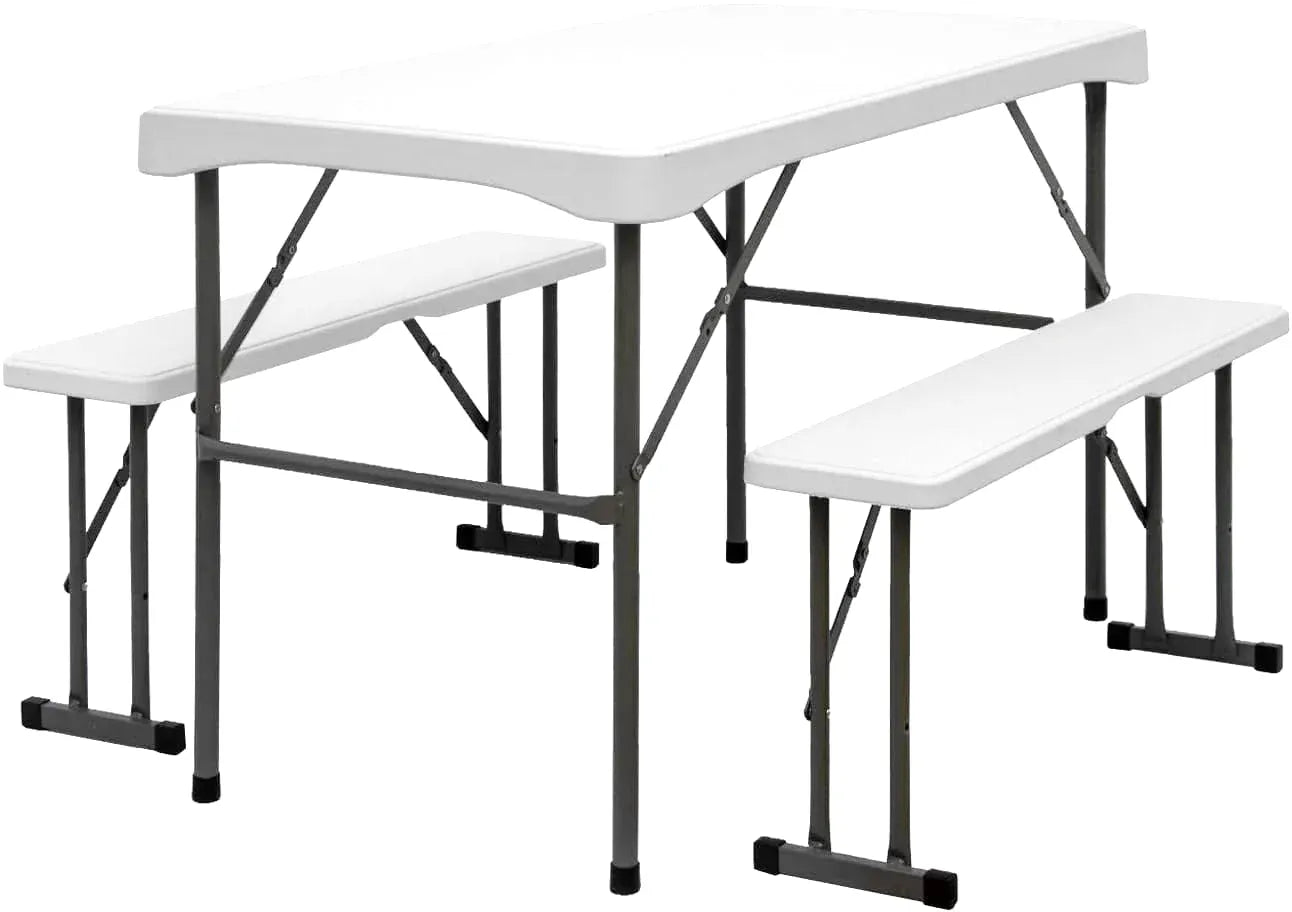 Ensemble table et bancs pliants de 112 cm dans un jardin