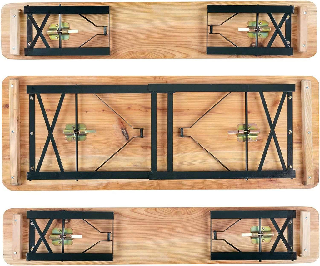 Table pliante bois 8 personnes de 170 cm avec ses deux bancs assortis dans un jardin - photo 2