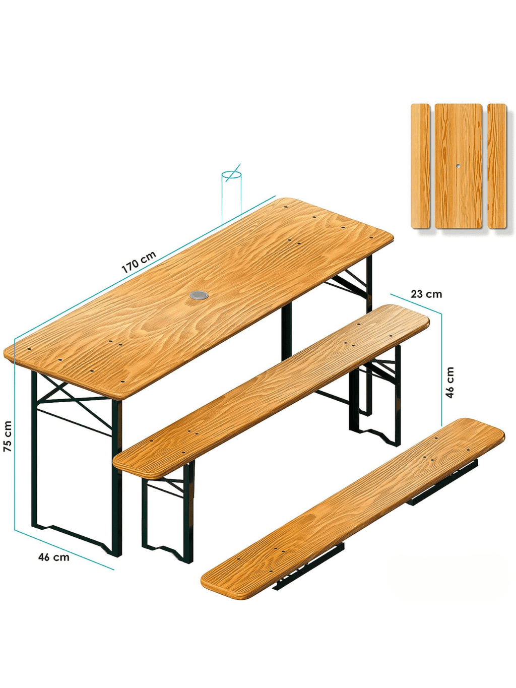 Table pliante bois 8 personnes de 170 cm avec ses deux bancs assortis dans un jardin - photo 3