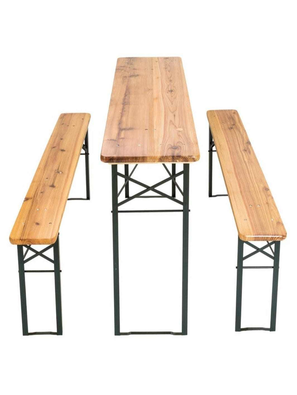 Table pliante bois 8 personnes de 170 cm avec ses deux bancs assortis dans un jardin