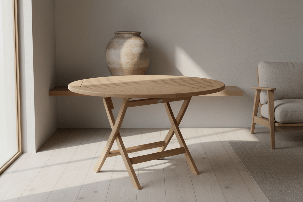 Table pliante en bois massif carrée de 120 cm installée dans un jardin - photo 2