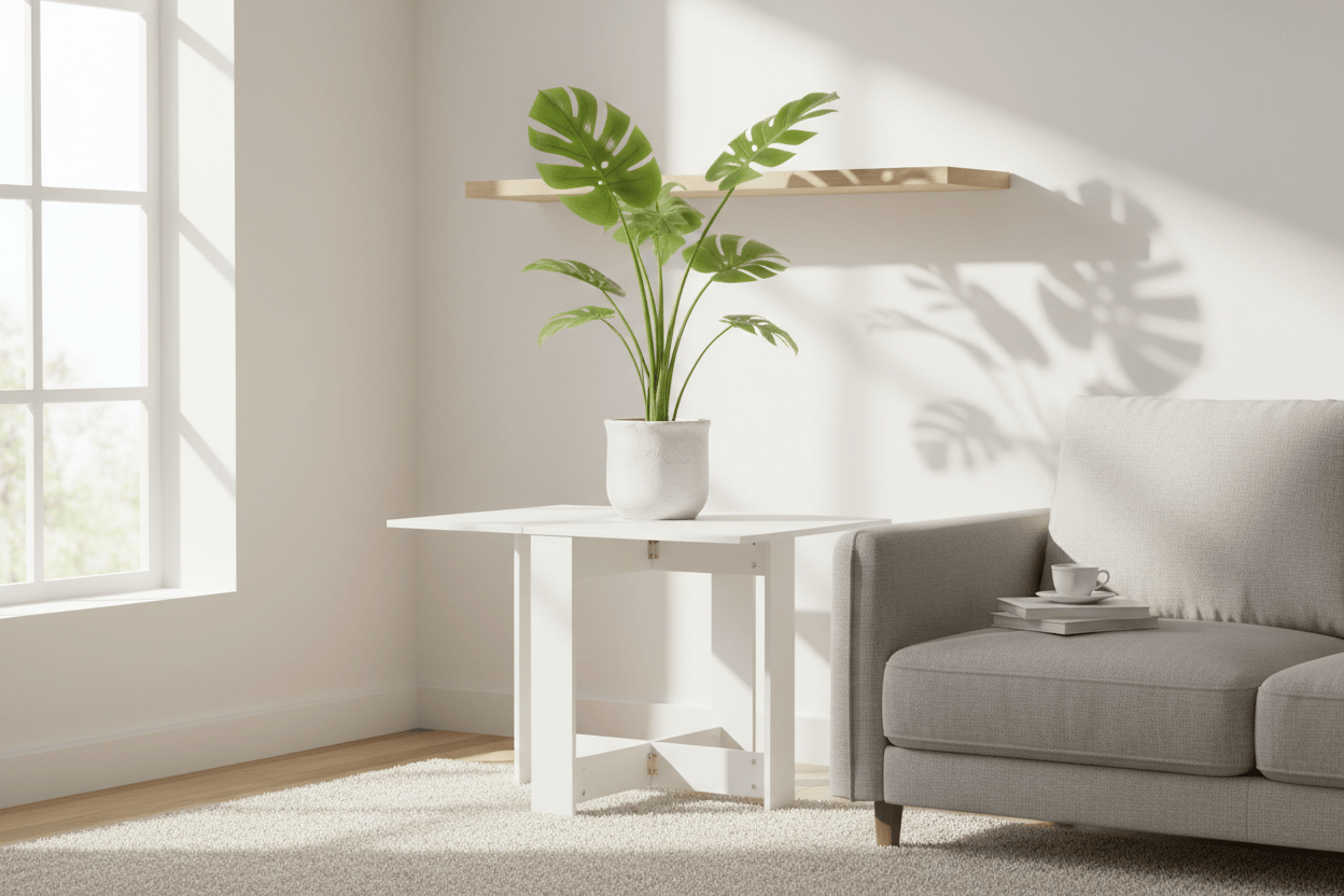 Table pliante de salon de 103 cm dépliée puis repliée en console contre un mur - photo 4