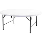 Table ronde pliante de 180 cm avec structure en acier peint noir dressée pour un banquet